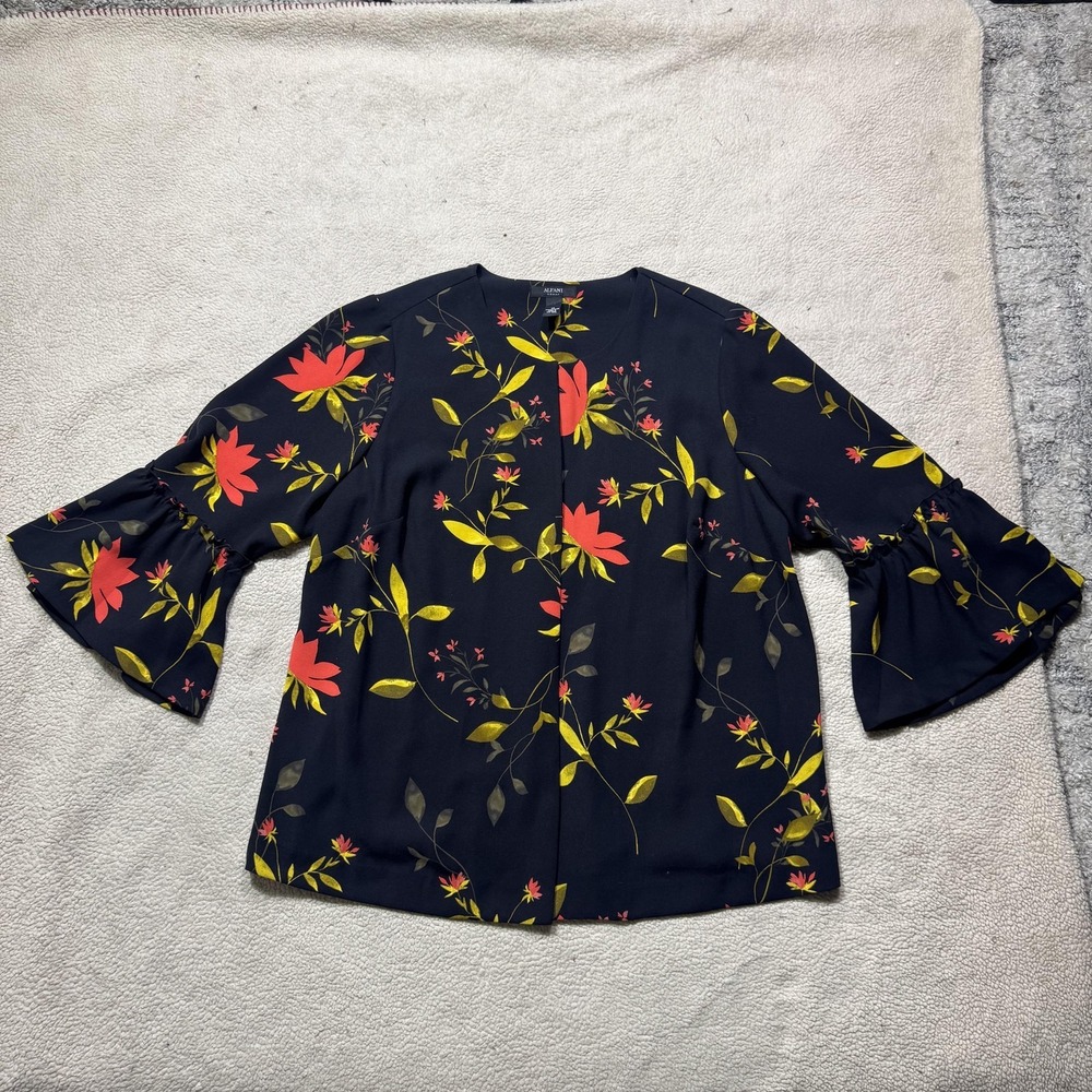 Alfani Woman Jacket Womens 1X Black Floral Bell Sleeve Lightweight Cardigan Top